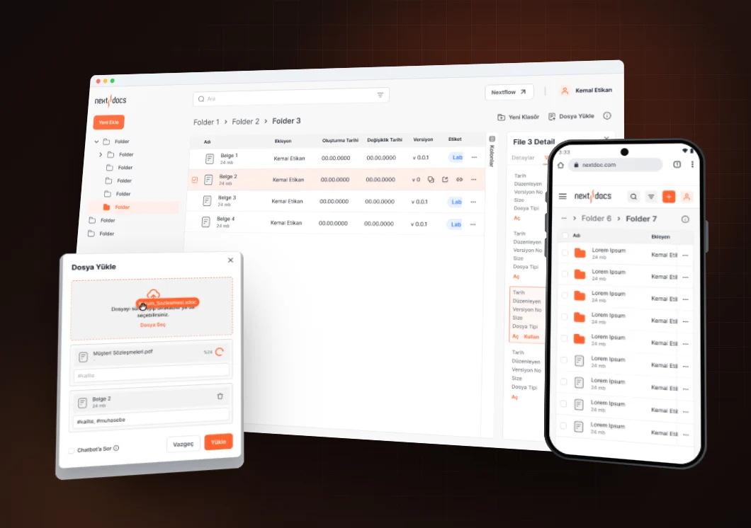 Next Docs file detail, drag-and-drop upload and permission screens, with the file list on a phone